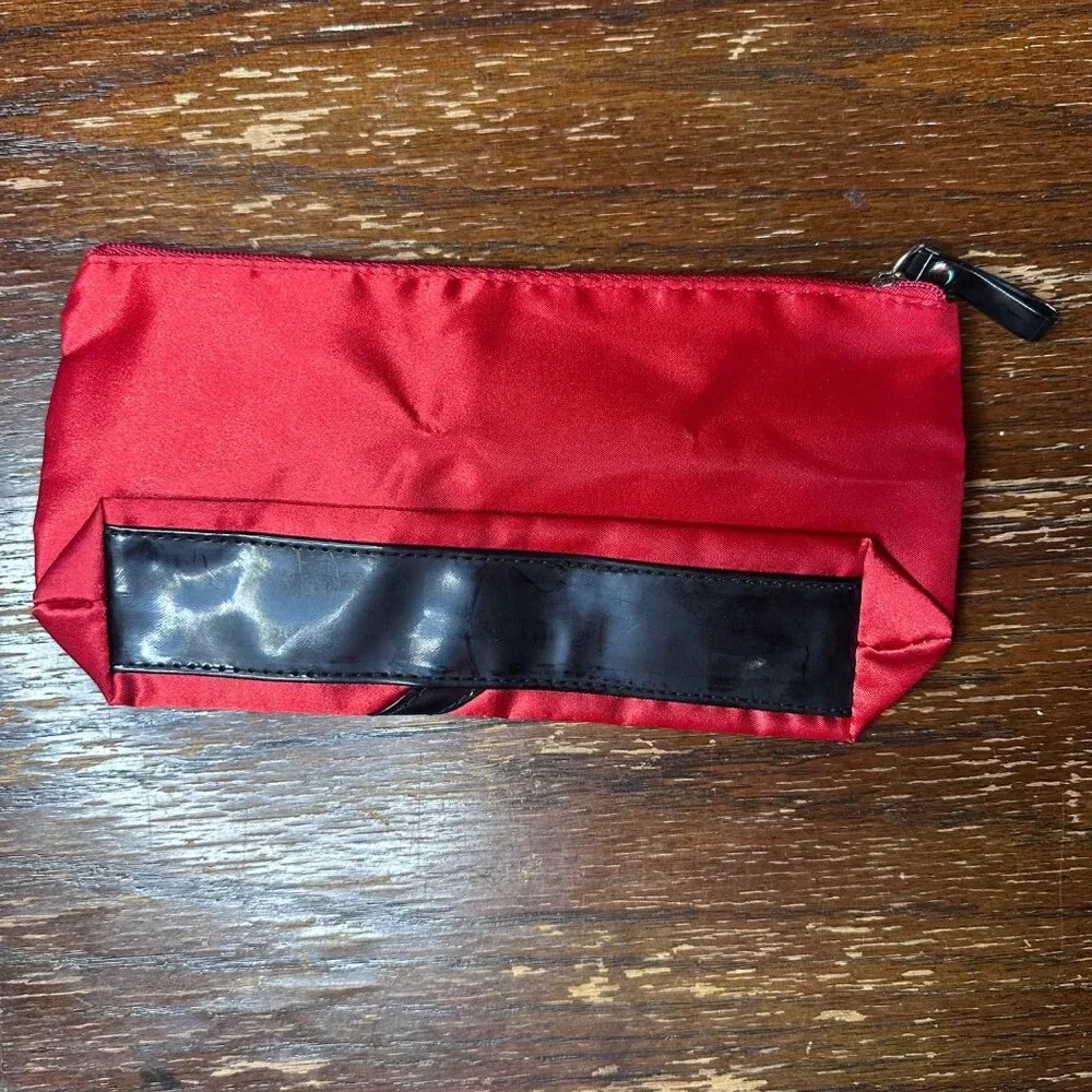 Lancome Red Satin Cosmetic Pouch With Black Accent Trim & Rose Detail